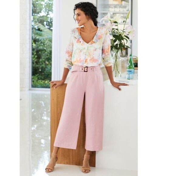 NWT Soft Surroundings Ingrid Dusty Pink Cropped Wide Leg Belted Pants Size 4 - Picture 1 of 12